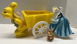 lot 131 image: Vintage Josef Original Miniature Bunny, Hard Plastic Vintage Easter Bunny and Cart Decor, Vintage Lady Planter