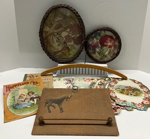 lot 134 image: Antique Victorian Cards by Edmund Larson Two Victorian Style Glass and Wicker Trays