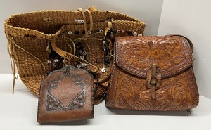 lot 142 image: Two Hand Tooled Leather Bags Purses Vintage and One Straw Bag Made in Phillipines
