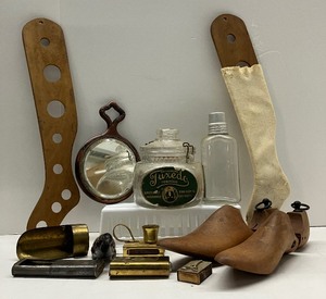 lot 147 image: Victorian Gentlemens Lot Vintage 1909 Tuxedo Tobacco Jar, Match Holders, Stocking Stretchers ETC