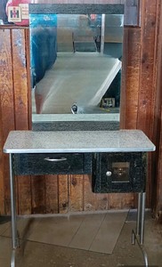 lot 135 image: Vintage Art Deco Barber Table Hair Dresser Station Desk Sterlizer with Mirror Chrome Legs
