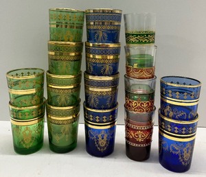 lot 12 image: Lot of Eighteen Small Gold Trim Glasses and Votives