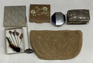 lot 15 image: Eleven Piece LOT - Vintage Beaded Purse, Vintage Compacts and Vintage Stick PinsHat Pins