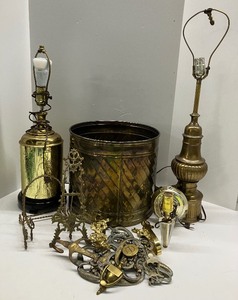 lot 16 image: Brass Lamps, Planter and Brass Miscellaneous