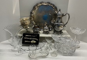 lot 18 image: Forty-Two Piece Lot of Silver-plate, Crystal and China