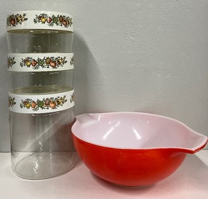 lot 58 image: Set of 3 1970s Pyrex Corning Ware Stackable Canisters and Pyrex Cinderella Bowl