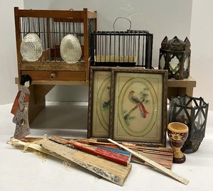lot 71 image: Antique Ornamental Handmade Wooden Canary Cage with Two Glass Feeders, circa 1920