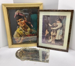 lot 75 image: Antique Pictures and Beveled Cut Mirror