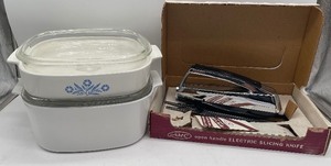 lot 88 image: Corning Ware Casserole Dishes and New Old Stock Chrome Electric Knife