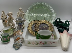 lot 116 image: Green Depression Platter and Decorative Porcelain Lot Wall Pockets Small Swans