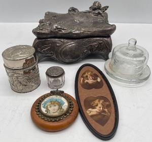 lot 111 image: Antique Art Nouveau Jewelry Casket Trinket Box Antique Framed Cupid Picture