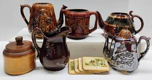 lot 97 image: Antique Wooden Butter Press Stamp and Rockingham Ware