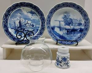 lot 99 image: Delft Blue Holland Plates and Candle Stick Holder with Sconce