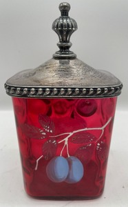 lot 189 image: Antique Cranberry Glass Jar Hand Painted Enameling
