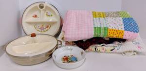 lot 163 image: Lot of Vintage Antique Baby Items, Bowls, Hand Embroidered Quilt