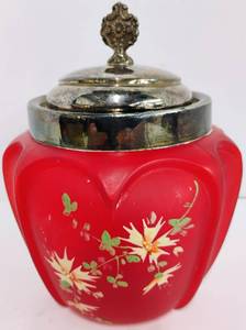 lot 183 image: Antique Victorian Phoenix Art Glass Red Satin Jar Biscuit Jar