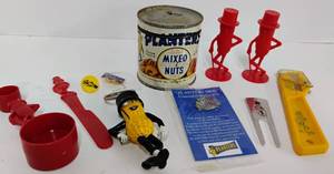 lot 205 image: Vintage Planters Peanuts Mr. Peanut Salt and Pepper Shaker Set, Measuring Spoon and Knife 1950s Red Plastic LOT