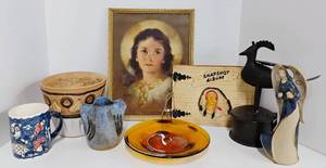 lot 158 image: Pottery and Metal Decor Metal Folk Art Figural Box