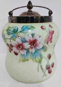 lot 194 image: Antique Victorian Biscuit Jar Cookie Jar Custard Glass Satin Handpainted Floral Design