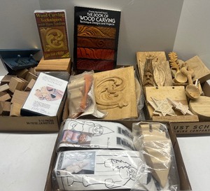 lot 148 image: Large Lot of Wood Carving Crafts Pieces and Book