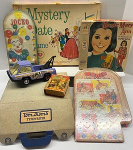 lot 188 image: Vintage Toy Lot Wolverine Games Tom Thumb Typewriter Structo Speedway Slant Nose Steel Truck from the 1970s.