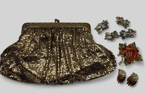 lot 202 image: Whiting Davis DuraMesh Gold Mesh Vintage Handbag Purse and Vintage Costume Jewelry Rhinestones