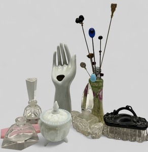 lot 27 image: Antique Victorian Hat Pin LOT  with holder, Art Nouveau crystal and metal jewelry caskettrinket box, Porcelain Ring Holder