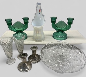 lot 155 image: Fostoria Opalescent Vase and Jeanette Petal Swirl Ultramarine Glass Double Candle Holders Lot