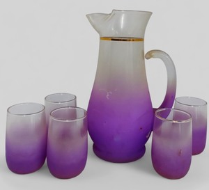 lot 191 image: West Virginia Glass Purple Blendo Pitcher and Glass Set Purple Ombre Glass