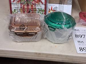 lot 899 image: Assorted Holiday Themed Plastic Food Storage Containers  Gift Bags and Tags (in original packaging)