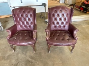 lot 55 image: Maroon Leather Lounge Chairs  Set of 2