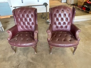lot 56 image: Maroon Leather Lounge Chairs  Set of 2