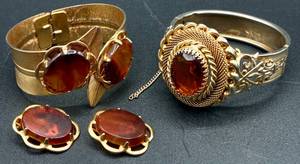lot 95 image: Vintage Topaz Glass Gold Plated Hinged Bracelet and Vintage Amber Glass Gold Toned Hinged Bracelet & Clip On Earrings Set