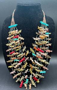 lot 2 image: Zuni Fetish 7 Strand Necklace with Turquoise, Onyx, Abalone and Coral
