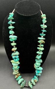 Chunky Vintage Native American Turquoise and Sterling Silver Nugget Necklace Total Length 34"