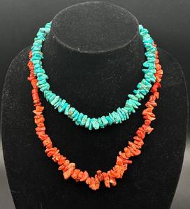 lot 6 image: Vintage Pair of Sterling Silver with Turquoise and Natural Coral Beaded Necklaces