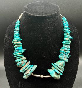 lot 12 image: Vintage Native American Turquoise Slab Beaded Necklace with Sterling Silver