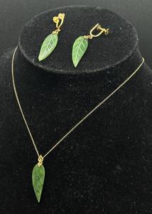 lot 13 image: Vintage 14K Gold Green Jadeite Leaf Necklace and 12K Gold Filled Earrings