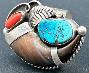 lot 9 image: Bear Claw Turquoise and Coral .925 Sterling Silver Ring Size 13.5