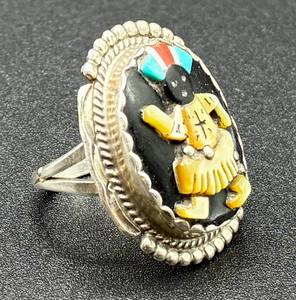 lot 20 image: Kachina Multi Stone Inlay Zuni Signed .925 Sterling Silver Ring -Size 7.25