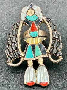 lot 18 image: Zuni HE Cellicion Stamped .925 Sterling Silver Multi Stone Inlay Kachina Ring - Size 7