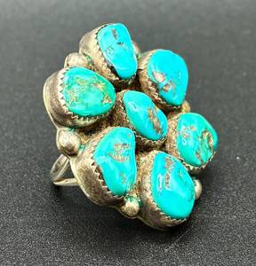 lot 42 image: 7 Turquoise Cluster .925 Sterling Silver Stamped Signature Ring - Size 10