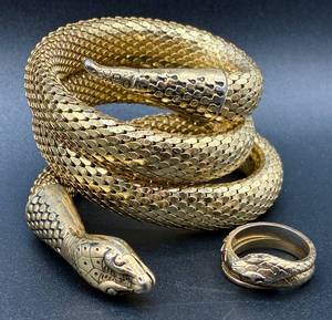 lot 129 image: Vintage Whiting & Davis Gold Toned Triple Coil Snake Wrap Bracelet and Snake Ring