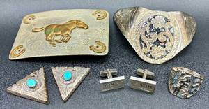 lot 134 image: Mens Collection of .925 Sterling Silver Accessories including Belt Buckle, Ring, Cuff Links, Tie Knot Cover and Collar Tips