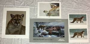 lot 67 image: Collection of Cougar Prints featuring Paws by Al Agnew, (2) Away From Cover - Cougar by Brent Townsend, Cougar by Peter Skirka, and 1982 Wildlife Art Promo by Mario Fernandez