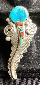 lot 57 image: Whimsical Feather Turquoise .925 Sterling Silver Ring - Size 7