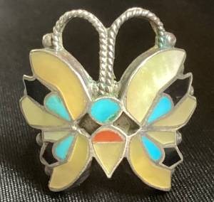 lot 59 image: Butterfly Multi Stone Inlay .925 Sterling Silver Ring - Size 10.5