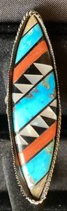 lot 56 image: Long Oval Multi Stone Inlay .925 Sterling Silver Ring - Size 8.5 oz