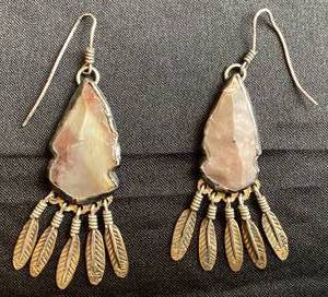 lot 92 image: Set of Jasper Stone and Brass Feather .925 Sterling Silver Earrings