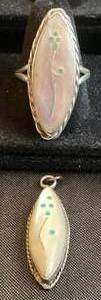 lot 87 image: Flower Inlay Mother of Pearl .925 Sterling Silver Ring and Pendant